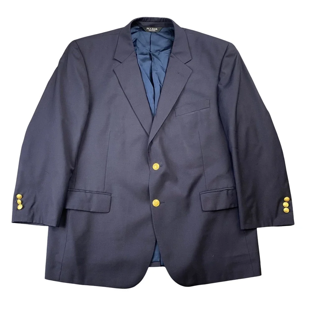 Jos A Bank Mens 46 Short Navy Wool Blazer Gold Buttons Two Button Sport Coat